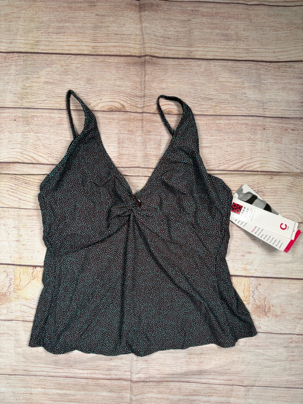 NWT Coco Reef Black Tankini Top with Teal Polka Dot Print